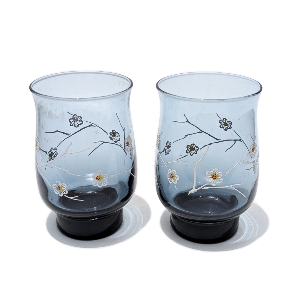 Vintage Libbey Dogwood Floral Blue Ombre Water Tumbler Glasses Tulip Pedestal